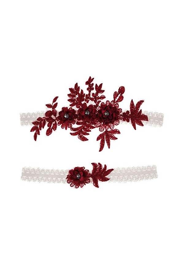 AWFOUGAR Jarretière de mariage élastique souple en dentelle Accessoires de mariage Cadeaux de mariée, Petites fleurs - Rouge,