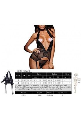 DEARAIMILI Femmes Lingerie Dentelle Ajouré Col V Dos nu Jarretières Babydoll Noir Taille:S- 38-42 