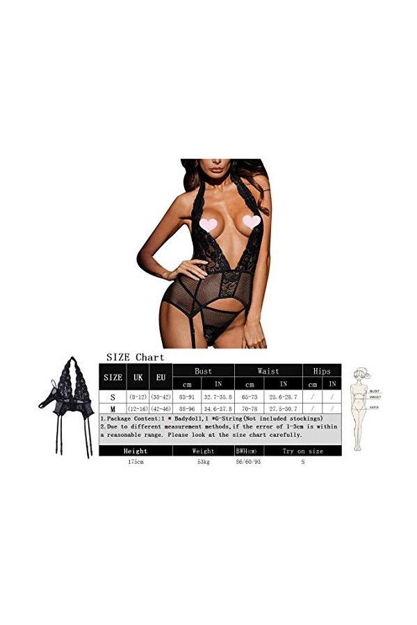 DEARAIMILI Femmes Lingerie Dentelle Ajouré Col V Dos nu Jarretières Babydoll Noir Taille:S- 38-42 