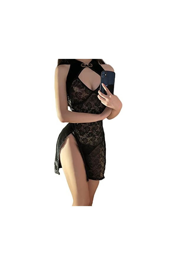 Temptshow Nuisette sexy en dentelle Cheongsam pour femme Noir, Taille unique
