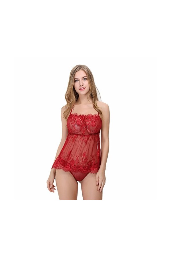 KELITCH Sexy Femmes Nuisette Lingerie Ensemble en Dentelle Soutien-Gorge Pur Pyjama Chemises De Nuit G-String Voir À Travers 