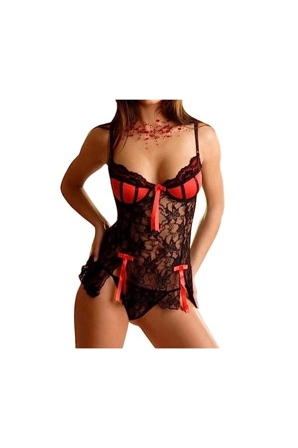 SooYoove. Lingerie Sexy. 2 pièces. Nuisette, String. V1. Rouge et Noir M 