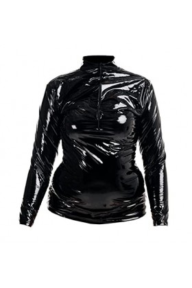 Rubberfashion Chemise en Cuir - Chemise en Cuir à Manches Longues Brillante - Chemise Sexy pour Femmes et Hommes. Laque Noire