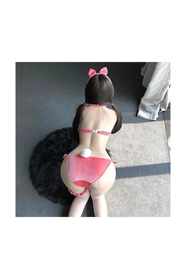 Ensemble de lingerie sexy pour femme avec soutien-gorge à nœud en fourrure Motif lapin, rose, taille unique