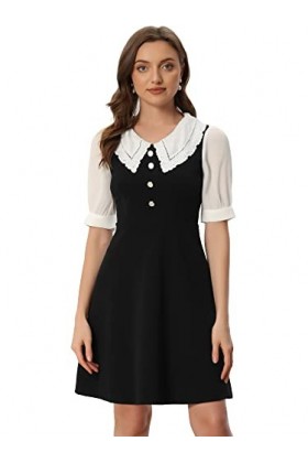 Allegra K Robe trapèze en dentelle ajourée pour femme avec boutons et poignets zippés dans le dos, Noir , 44