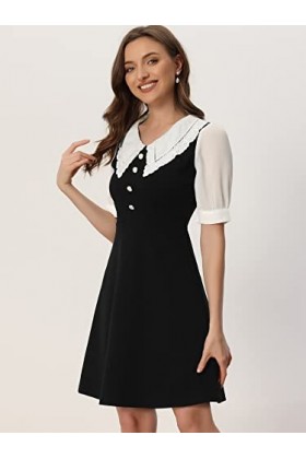 Allegra K Robe trapèze en dentelle ajourée pour femme avec boutons et poignets zippés dans le dos, Noir , 44