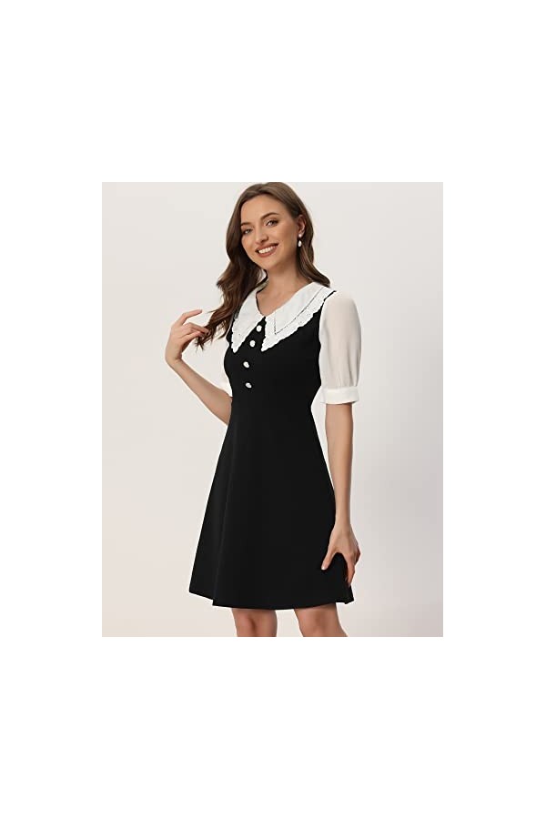 Allegra K Robe trapèze en dentelle ajourée pour femme avec boutons et poignets zippés dans le dos, Noir , 44