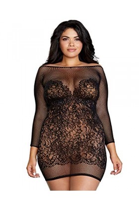 Dreamgirl Seamless Fishnet & Lace Chemise - Black