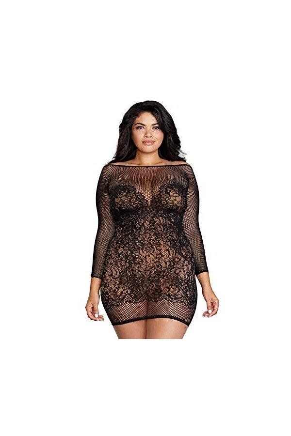 Dreamgirl Seamless Fishnet & Lace Chemise - Black
