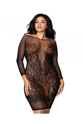 Dreamgirl Seamless Fishnet & Lace Chemise - Black