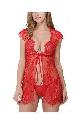 KELITCH Pyjama Sexy en Dentelle sous-vêtements ajourés Ouvert sur Le Devant Style poupée