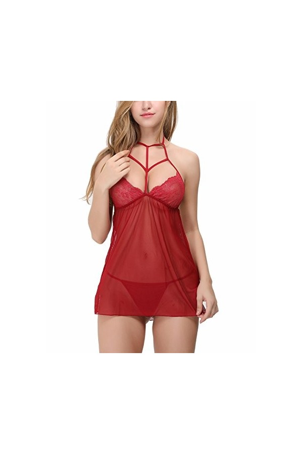 KELITCH Sexy Femmes Nuisette Lingerie Ensemble en Dentelle Soutien-Gorge Pur Pyjama Chemises De Nuit G-String Voir À Travers