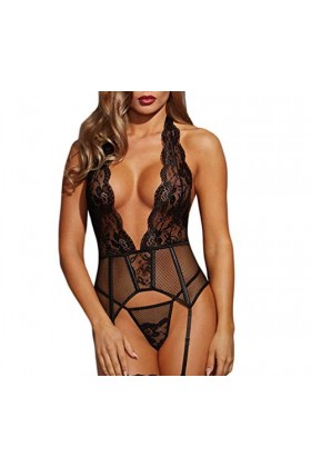 DEARAIMILI Femmes Lingerie Dentelle Ajouré Col V Dos nu Jarretières Babydoll Noir Taille:S- 38-42 