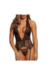 DEARAIMILI Femmes Lingerie Dentelle Ajouré Col V Dos nu Jarretières Babydoll Noir Taille:S- 38-42 