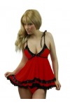 Yummy Bee - Nuisette Robe Babydoll Froufrous Lingerie Culotte Grande Taille 34-50 Rouge, 36 