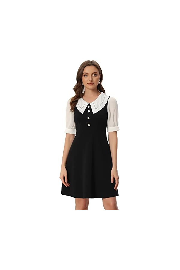 Allegra K Robe trapèze en dentelle ajourée pour femme avec boutons et poignets zippés dans le dos, Noir , 44