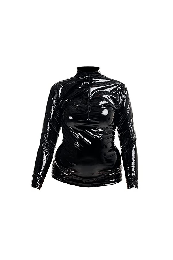 Rubberfashion Chemise en Cuir - Chemise en Cuir à Manches Longues Brillante - Chemise Sexy pour Femmes et Hommes. Laque Noire