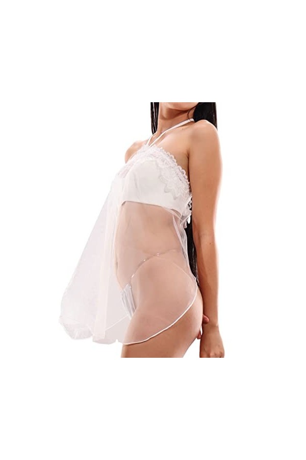 Pradize Robe Déshabillée Lingerie De Nuit Femme – Nuisette Transparente – Blanc -40-75 kg