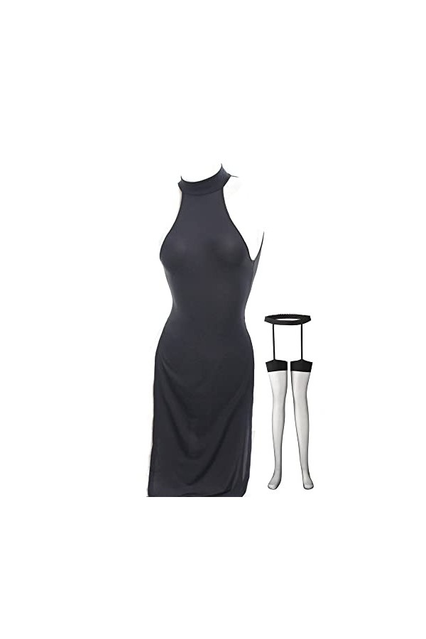 Nuisette sexy transparente sans manches pour femme, Noir , XS/M