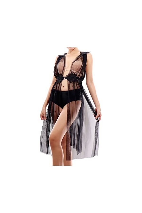 Pradize Robe Déshabillée Lingerie De Nuit Femme – Nuisette Transparente – Noir – 40-75 kg