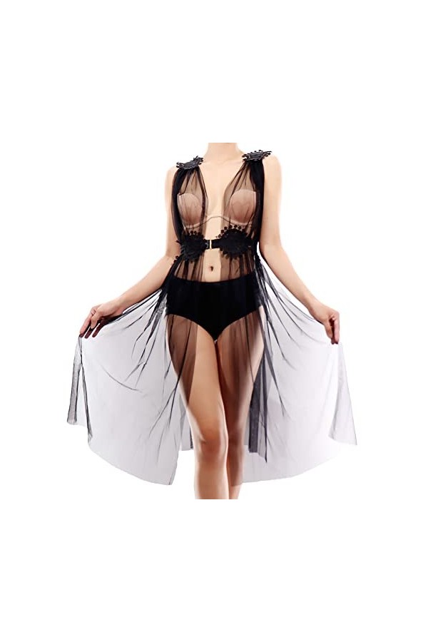 Pradize Robe Déshabillée Lingerie De Nuit Femme – Nuisette Transparente – Noir – 40-75 kg