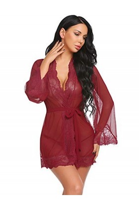 Avidlove Robe de chambre pour femme Nuisette transparente, rouge foncé, S