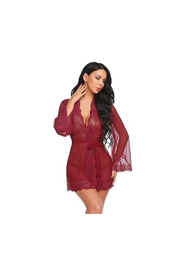 Avidlove Robe de chambre pour femme Nuisette transparente, rouge foncé, S