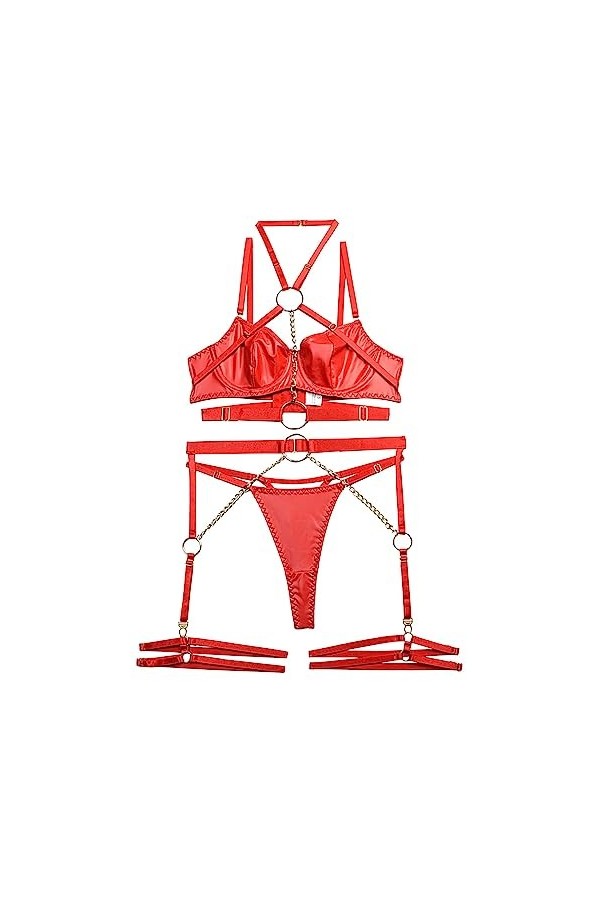 Marjolaine Lingerie Nuisette Ultra Thin Sexy Fashion Mesh See Through Strap Sexy Lingerie Jumpsuit String Simili Cuir Red, M