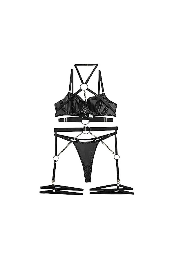 Marjolaine Lingerie Nuisette Ultra Thin Sexy Fashion Mesh See Through Strap Sexy Lingerie Jumpsuit String Simili Cuir Red, M