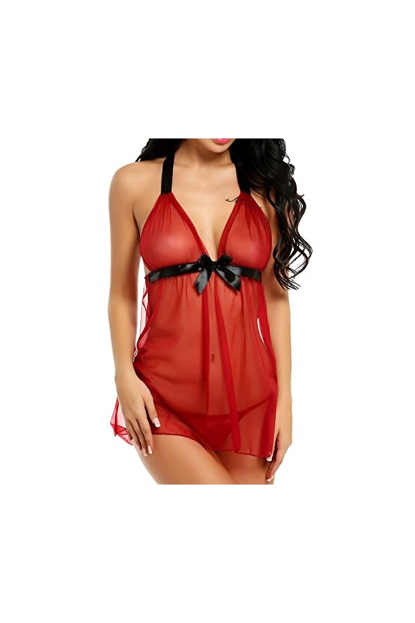 Femmes Sexy Lingerie Nuisette Col en V Ouverte Bretelles Dos Nu Cils Dentelles Transparent avec String Ensemble Lingerie Femm