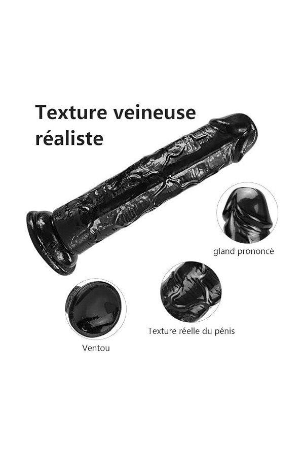 large gode pénis noir, énorme gode realiste 25cm plaisir femme xxl avec ventouse grand pour le jeu mains libres simulation an