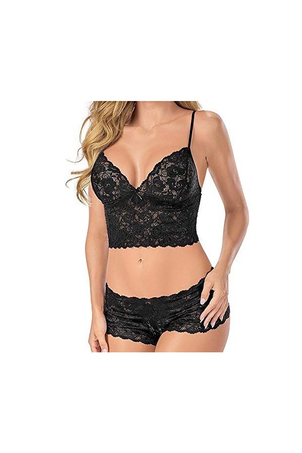 Lingerie Fleurs Dentelle Set Push Corset Femmes sous-vêtements Top Bra + Briefs Up Lingerie Fleurie Black, M 