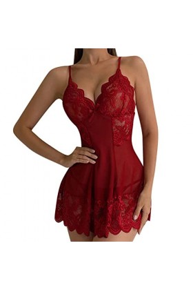 Femmes Sexy Lingerie Nuisette Col en V Ouverte Bretelles Dos Nu Dentelle Transparent String Ensemble Lingerie Femme Halter Ma