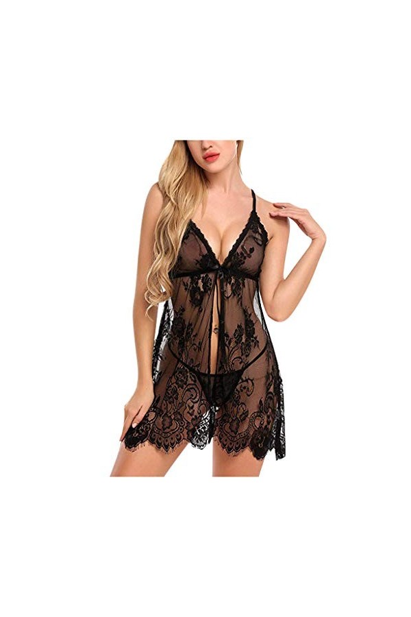 Femmes Sexy Lingerie Nuisette Col V Ouverte Bretelles Dos Nu Cils Dentelles Transparent avec String Ensemble Lingerie Femme H