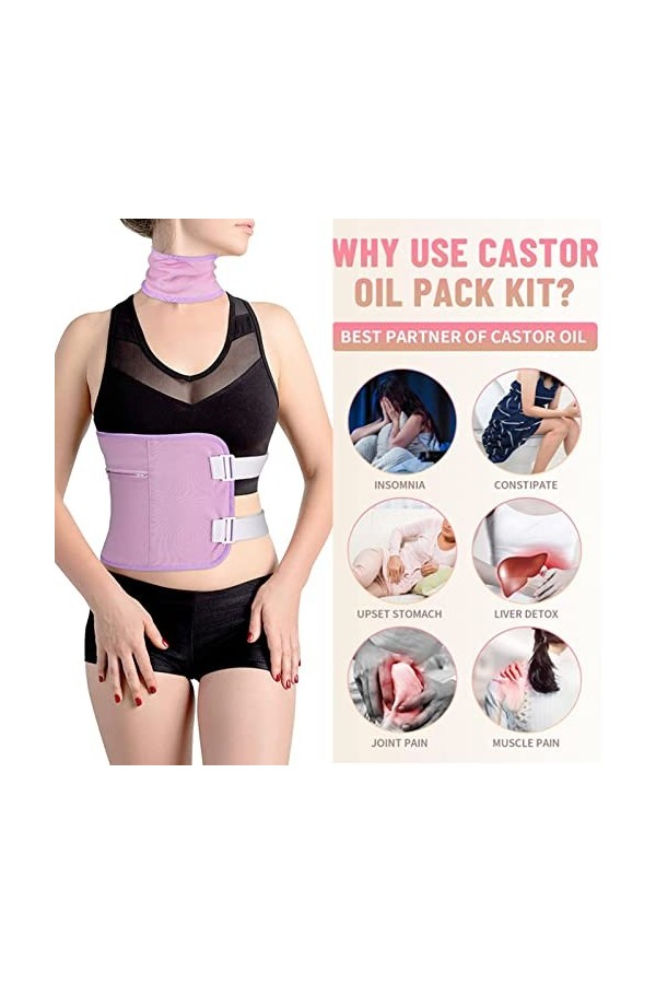 Reheyre Pack dhuile de ricin pour la désintoxication du foie avec sangle élastique réglable, kit dhuile de ricin bio réutil