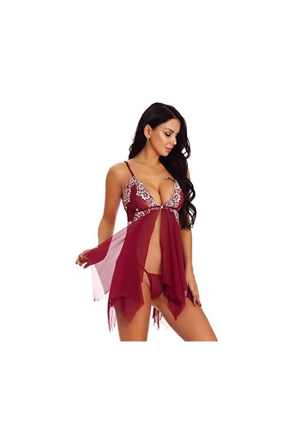 Femmes Sexy Lingerie Nuisette Col V Ouverte Bretelles Dos Nu Dentelle Transparent avec String Ensemble Lingerie Femme Halter