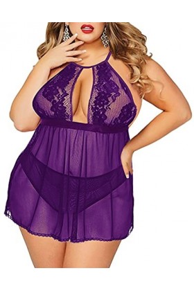 Nuisette grande taille pour femme – Ensemble de lingerie sexy dos nu en dentelle avec ouverture dans le dos, violet, L