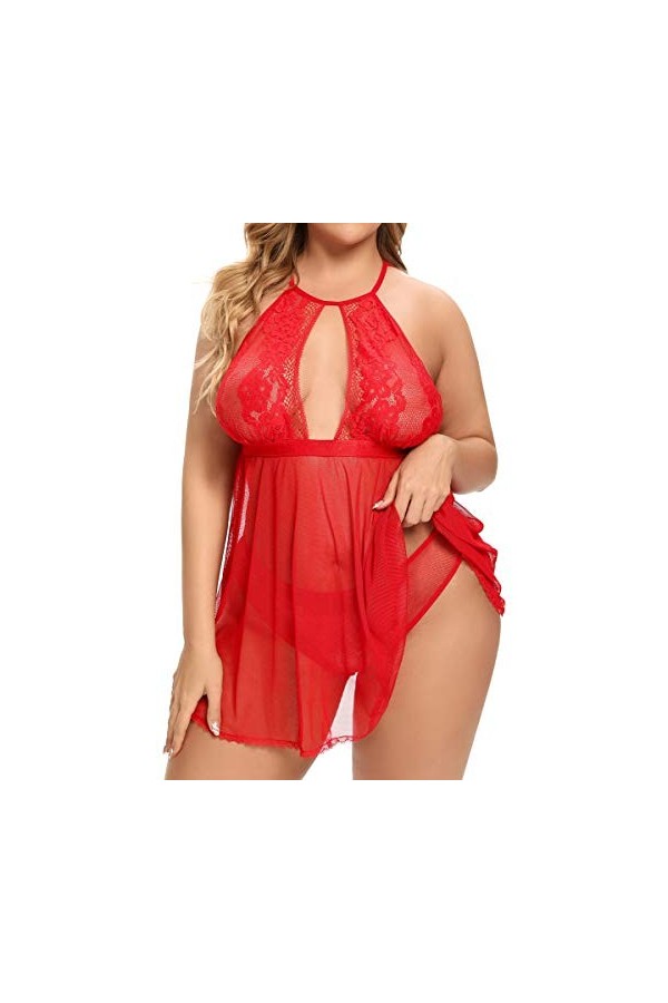 Nuisette grande taille pour femme – Ensemble de lingerie sexy dos nu en dentelle avec ouverture dans le dos, violet, L