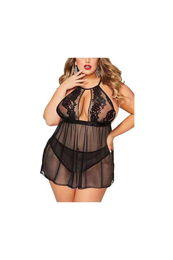 Nuisette grande taille pour femme – Ensemble de lingerie sexy dos nu en dentelle avec ouverture dans le dos, violet, L