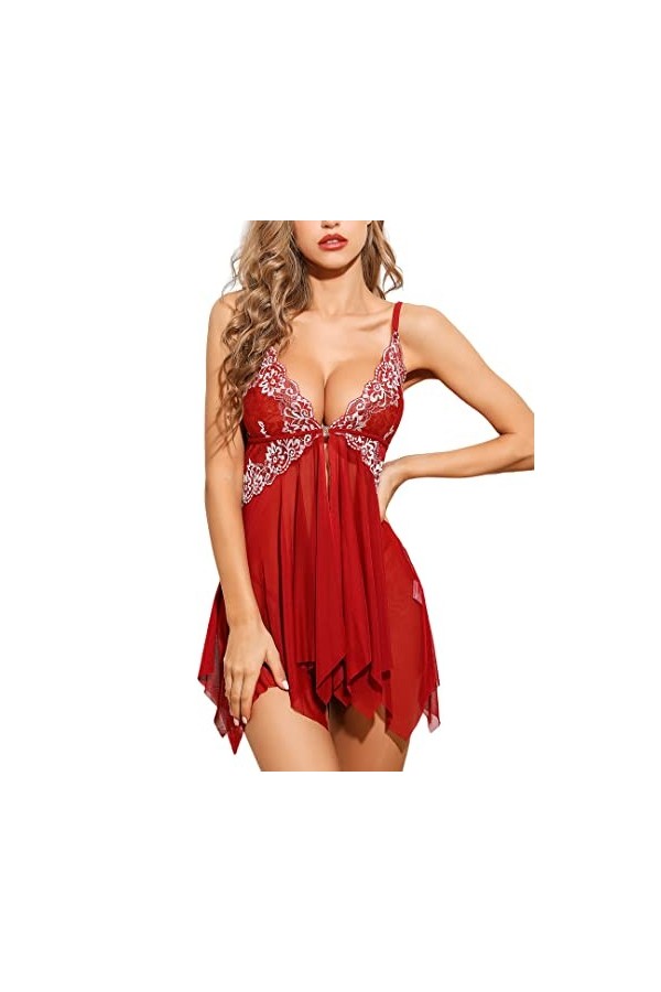 klier Nuisette sexy en dentelle avec col en V pour femme, A-rouge vin, 4X-Large