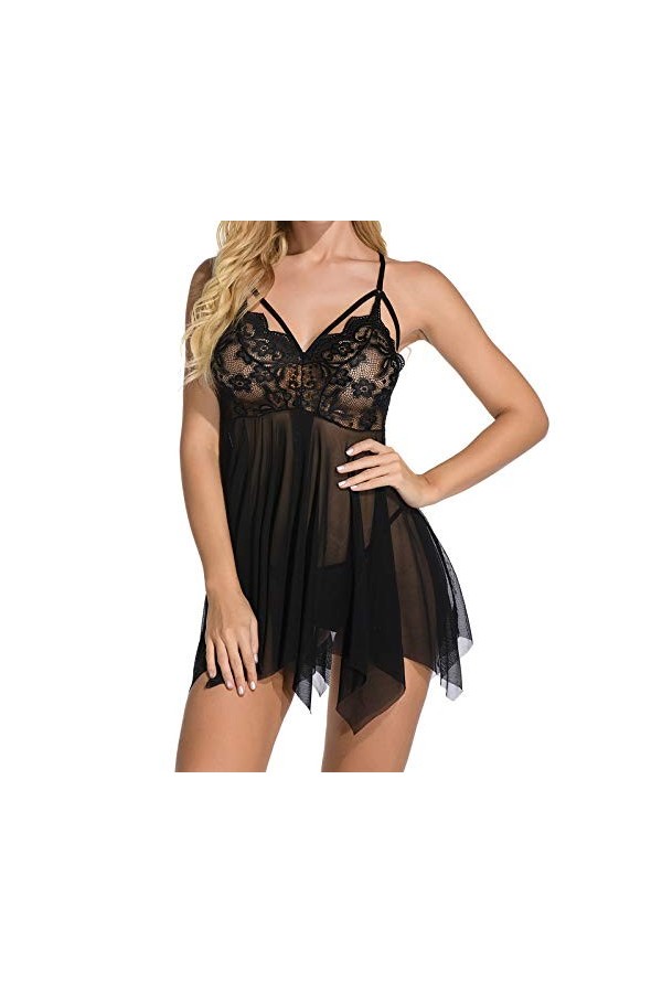 KELITCH Nuisette Sexy en Dentelle pour Femmes Nuisette en Maille sous-vêtements String Ensemble de vêtements de Nuit