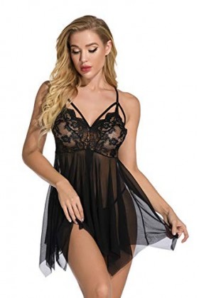 KELITCH Nuisette Sexy en Dentelle pour Femmes Nuisette en Maille sous-vêtements String Ensemble de vêtements de Nuit