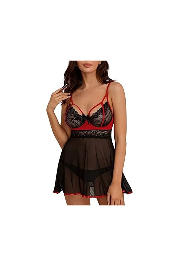 MALOLI Lingerie Sexy Ensemble Nuisette et Culotte Dentelle Transparente Femme Sexy Babydoll Séduction Coquine Ouverte Tenue H