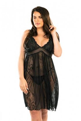 Perfect4U Nuisette en dentelle et maille avec string assorti Rouge - Noir - 52