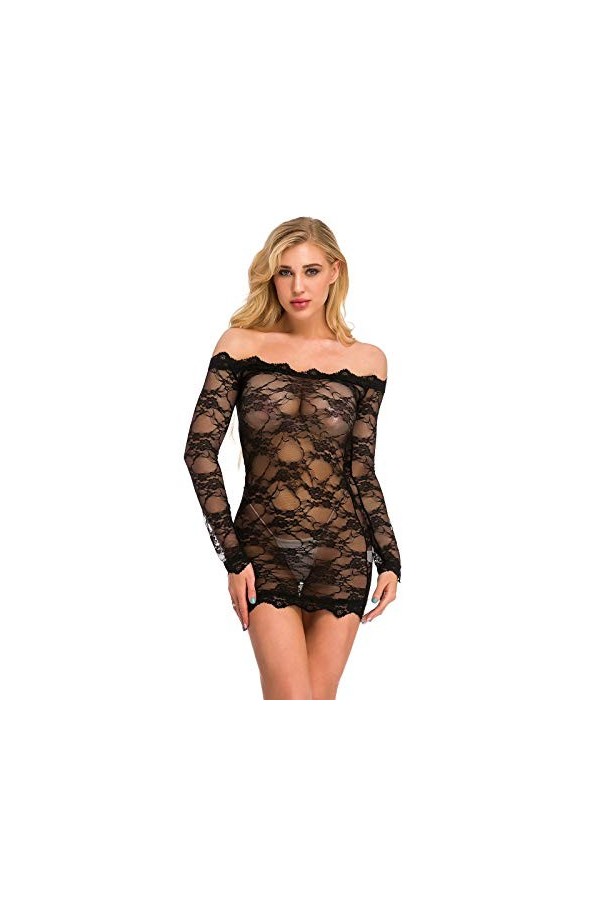 Xuthuly Tenue Sexy Femme Coquine Ouverte Résille Pyjamas Babydoll Sexy Siamois Dentelle de Nuit Nuisettes Erotique Chemises T