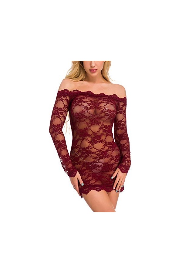 Xuthuly Tenue Sexy Femme Coquine Ouverte Résille Pyjamas Babydoll Sexy Siamois Dentelle de Nuit Nuisettes Erotique Chemises T