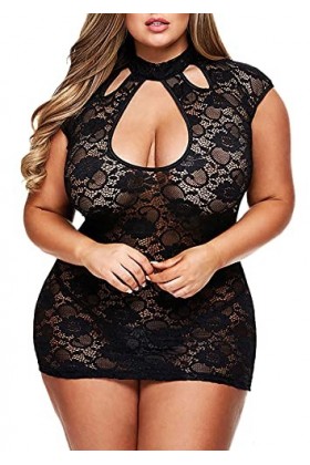 Lingerie grande taille pour femme, nuisette en dentelle avec trou de serrure, mini robe à manches courtes, Noir, 4X-Large