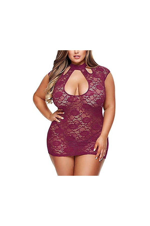 Lingerie grande taille pour femme, nuisette en dentelle avec trou de serrure, mini robe à manches courtes, Noir, 4X-Large