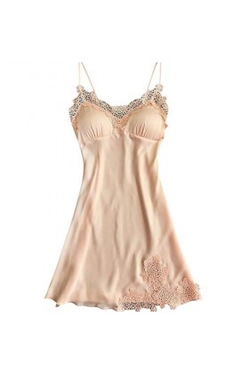 Lilon Nuisette sexy en satin avec coussinets au niveau de la poitrine, col en V, en dentelle - Rouge - L