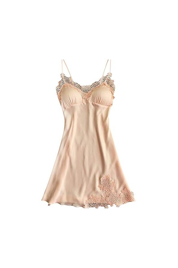 Lilon Nuisette sexy en satin avec coussinets au niveau de la poitrine, col en V, en dentelle - Rouge - L